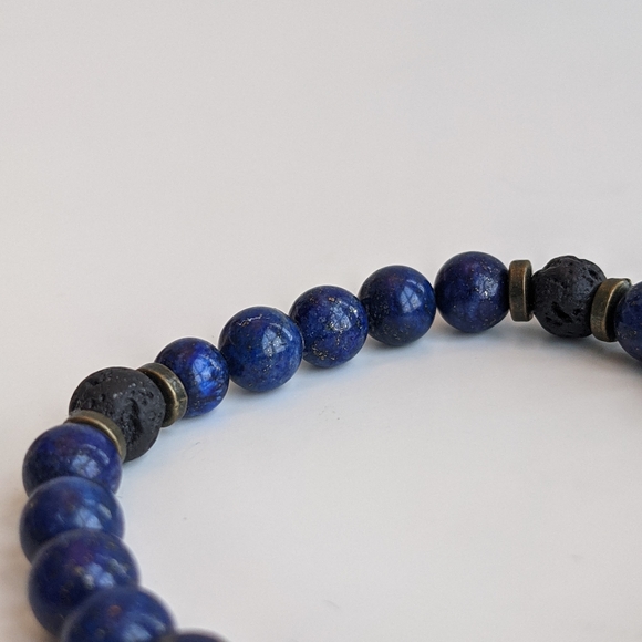 Lapis Lazuli and Lava Bead Stretch Bracelet - Picture 2 of 7
